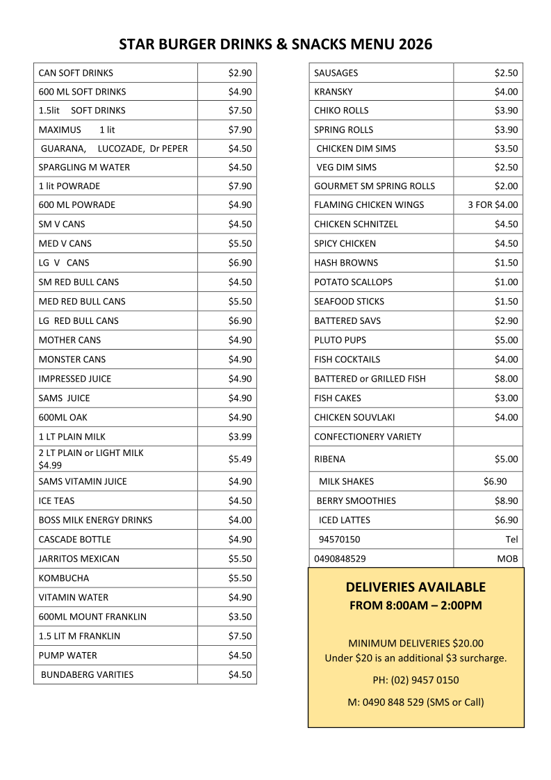 Menu, Star Burger