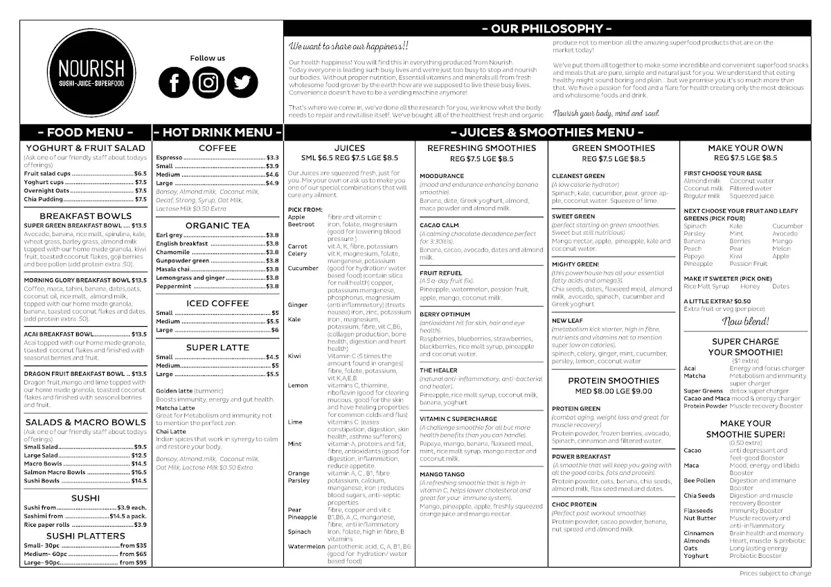 Menu, Nourish Echuca