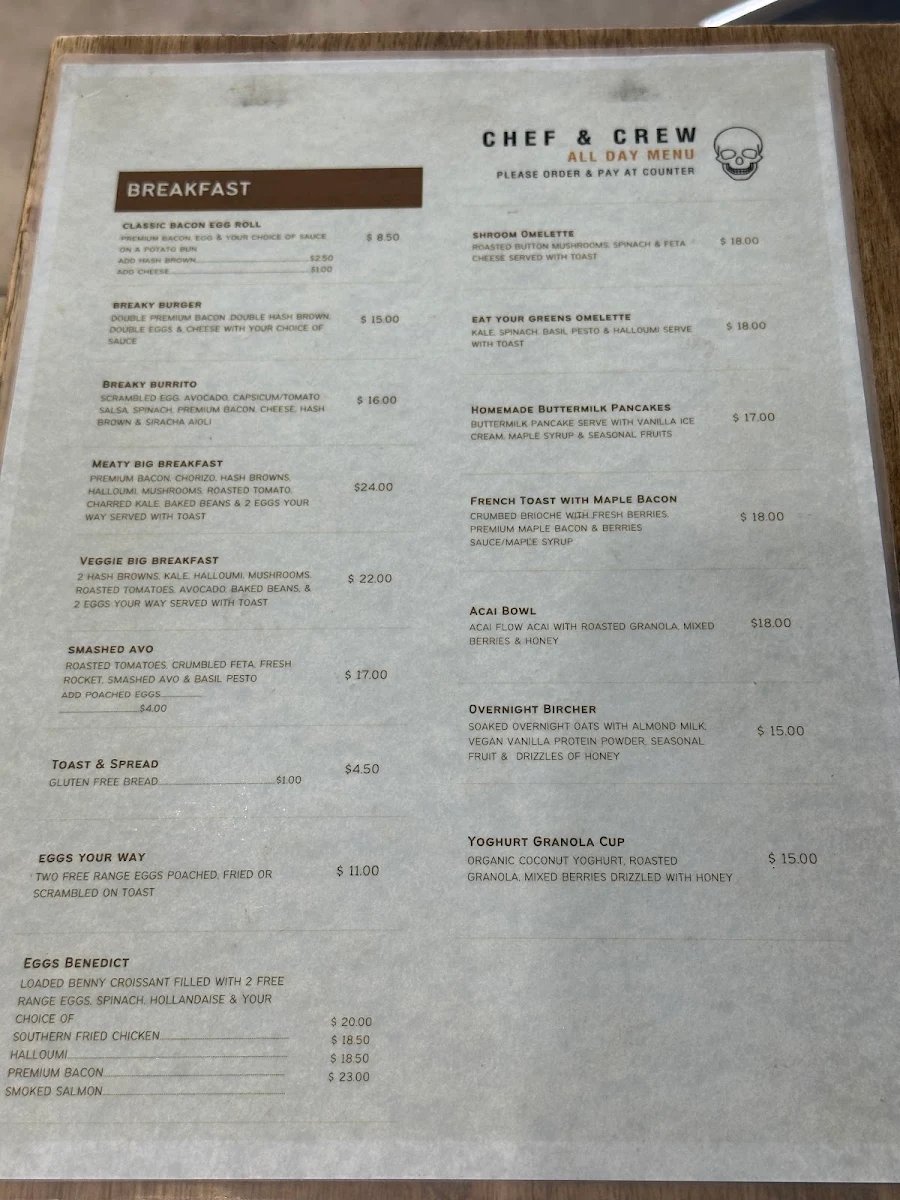 Menu, Chef and Crew