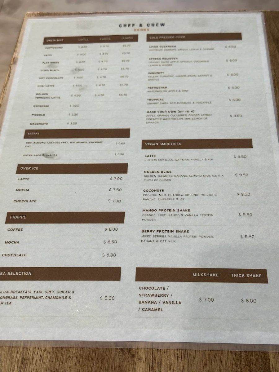 Menu, Chef and Crew