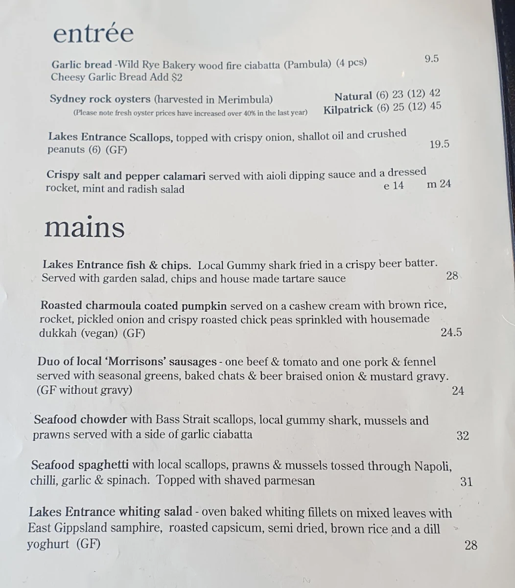 Menu, Lakes Entrance Central Bistro