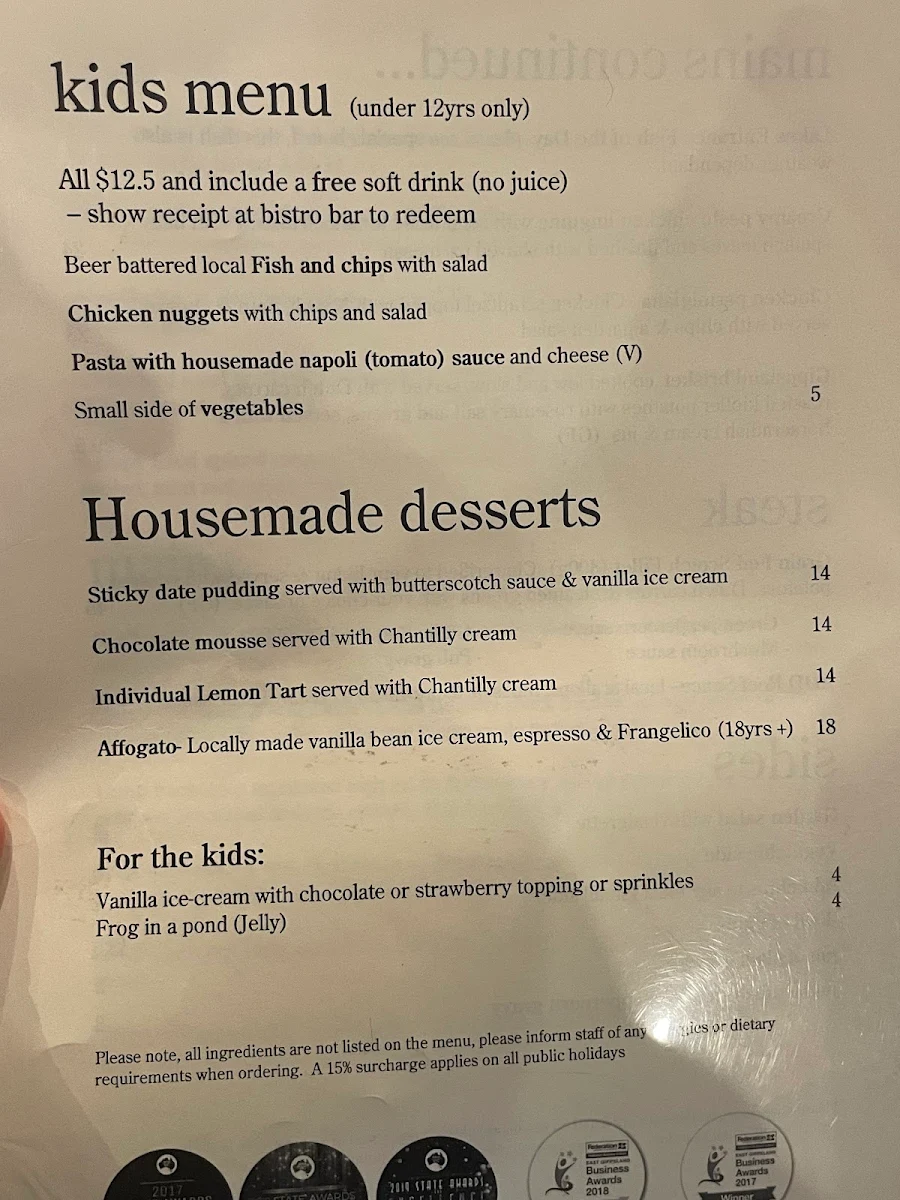 Menu, Lakes Entrance Central Bistro