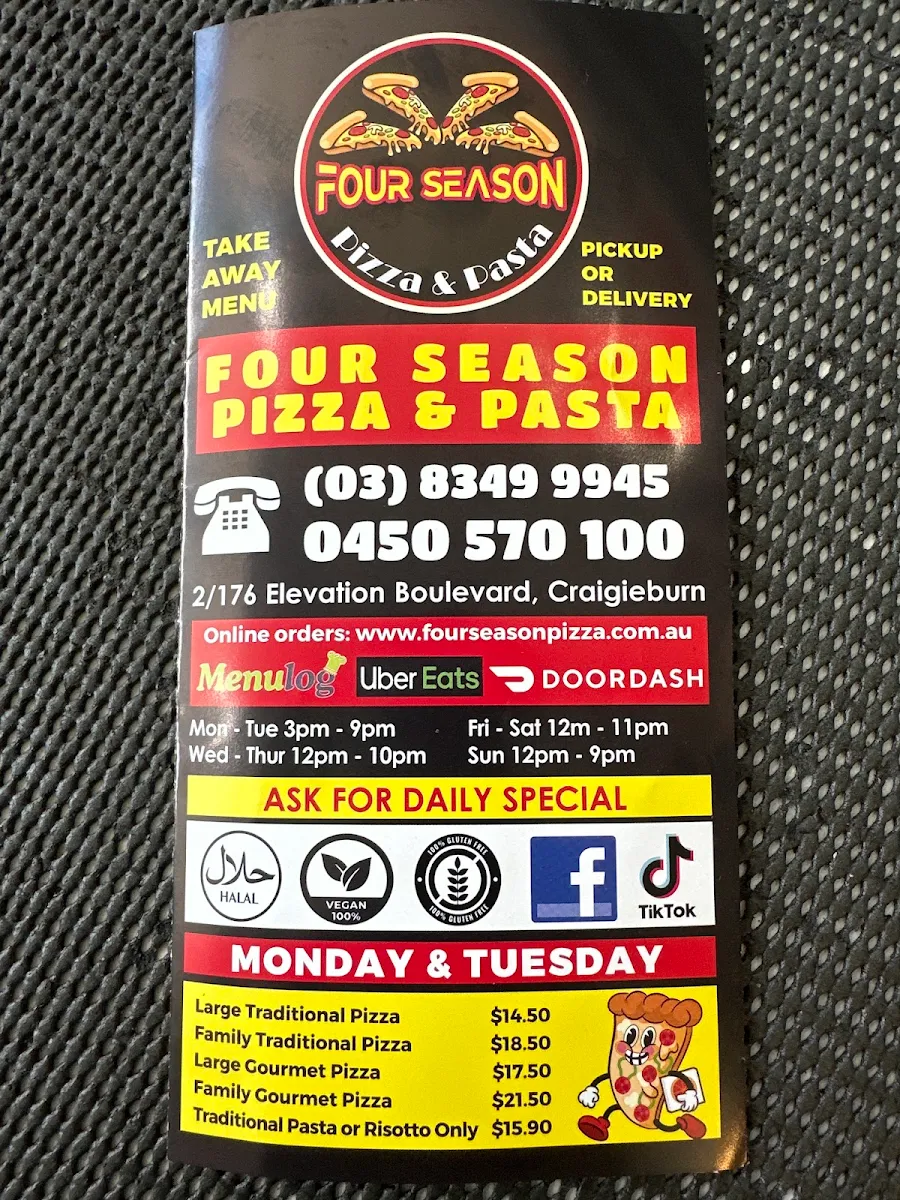 Menu, Four Season Pizza & Pasta