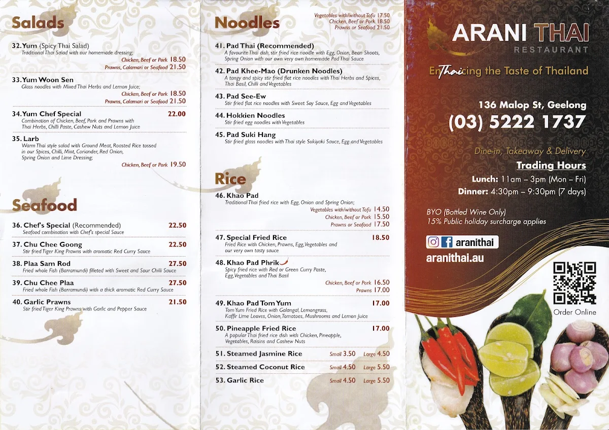 Menu, ARANI Thai Restaurant