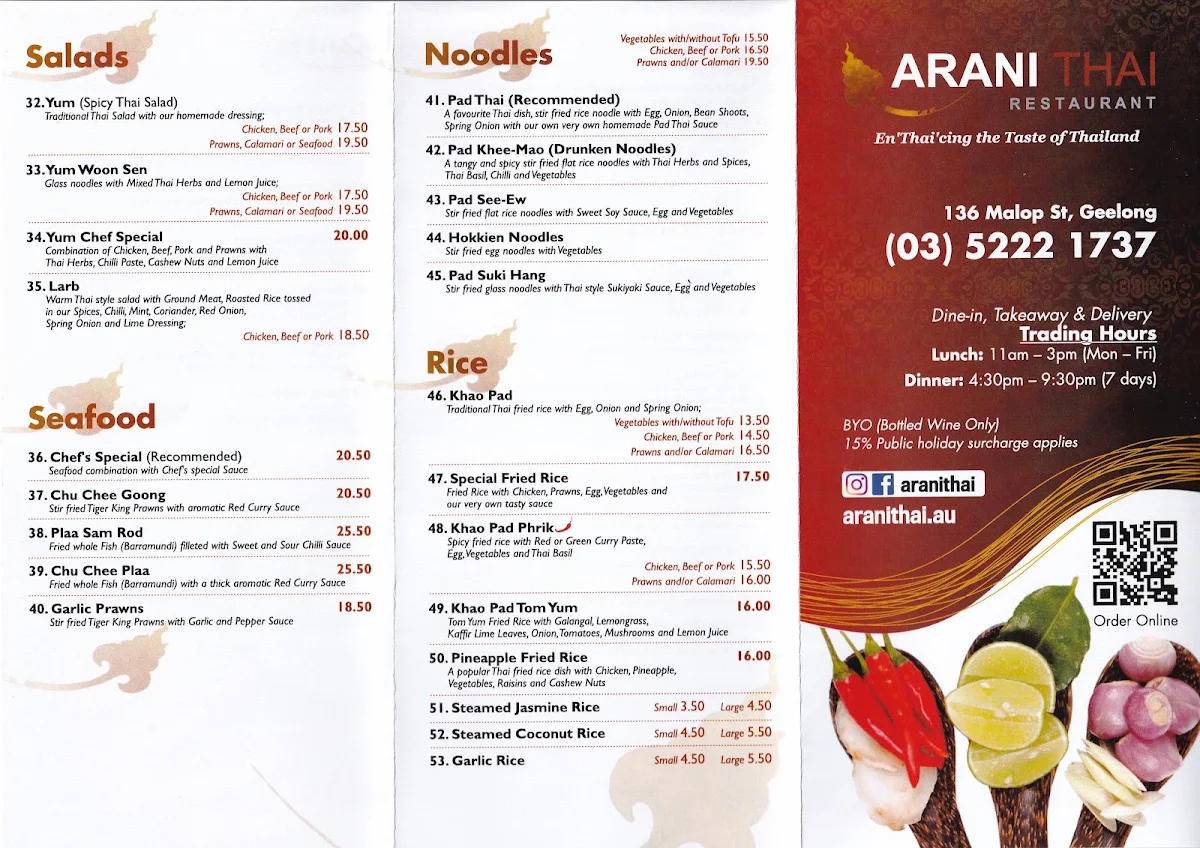 Menu, ARANI Thai Restaurant