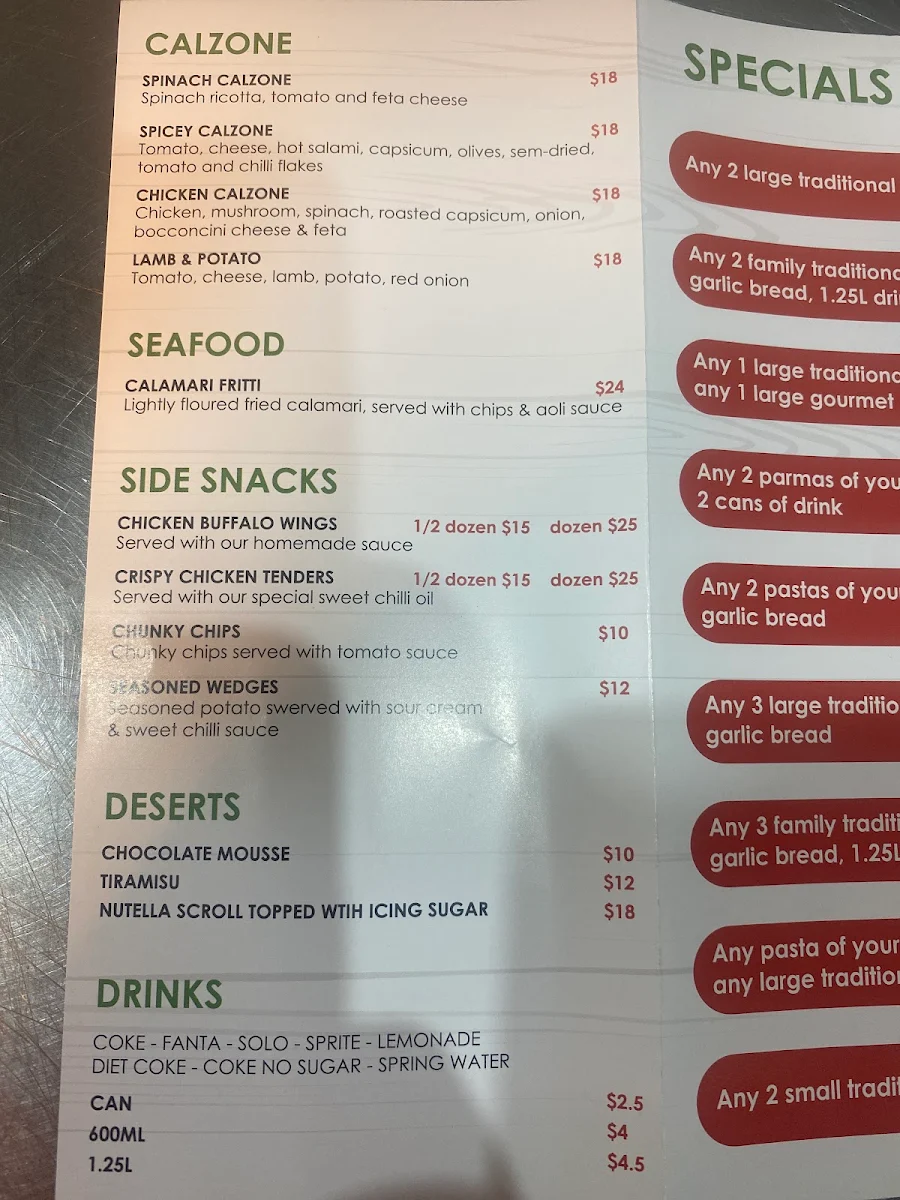 Menu, Milleara pizza and pasta