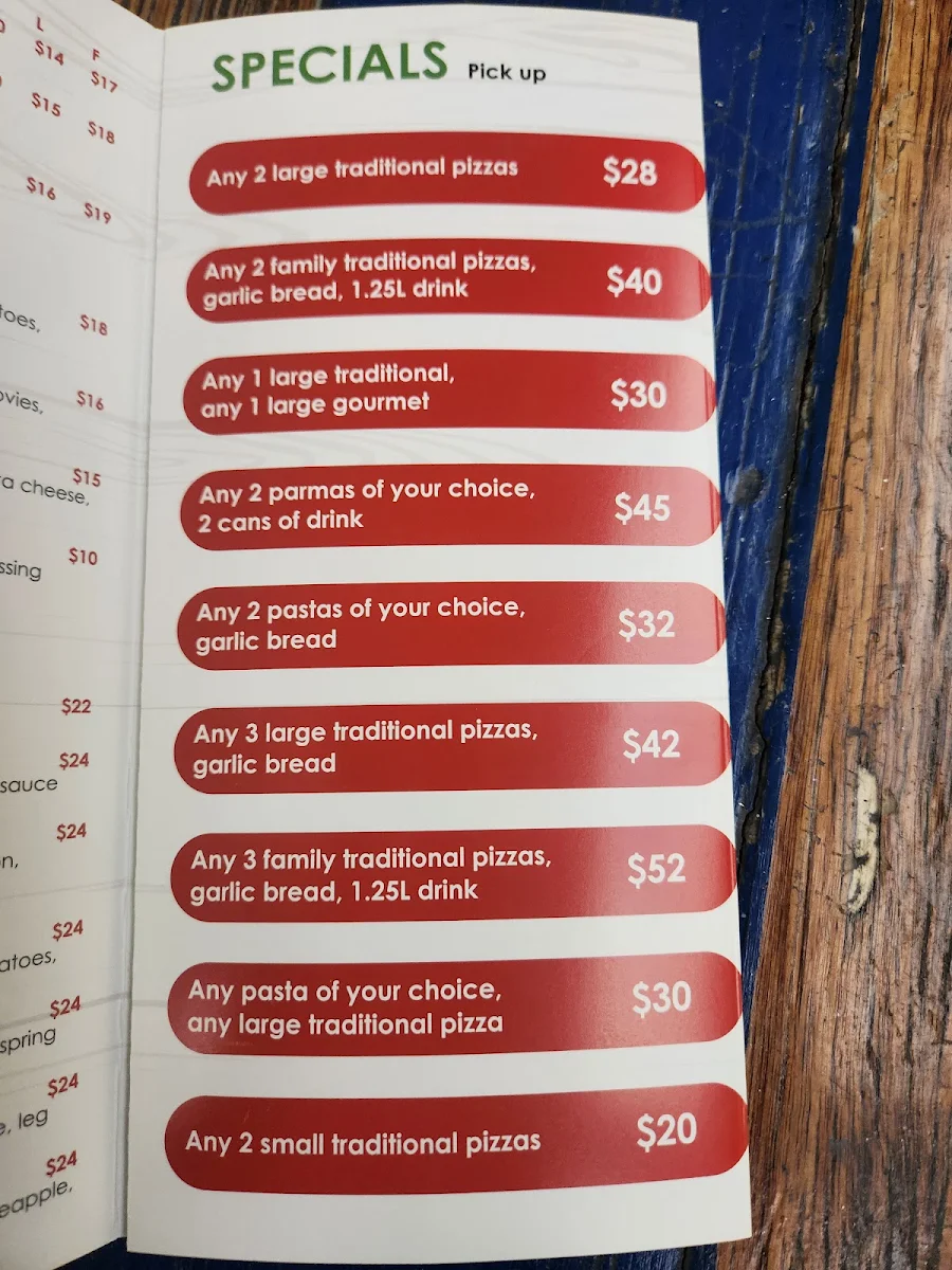 Menu, Milleara pizza and pasta