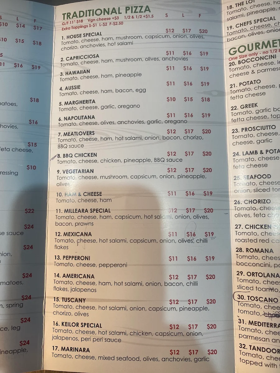 Menu, Milleara pizza and pasta
