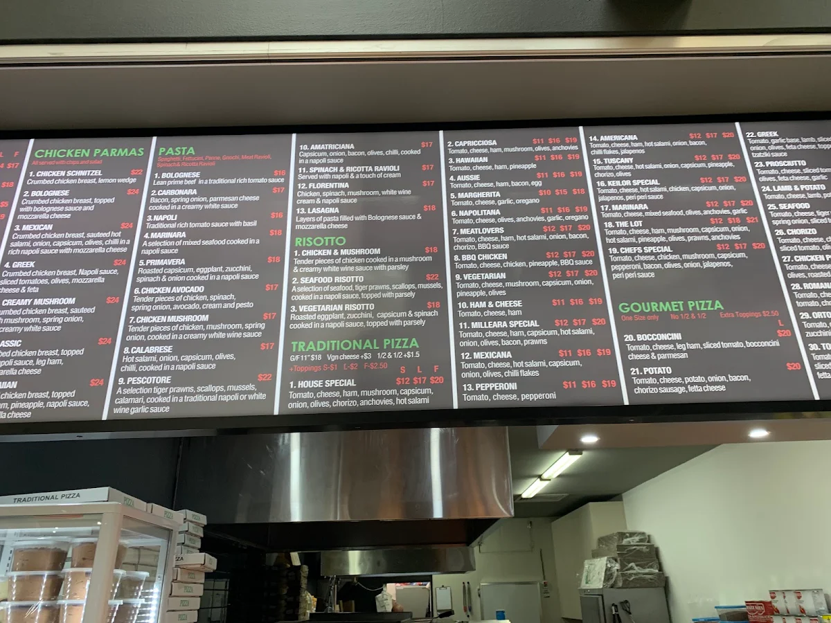 Menu, Milleara pizza and pasta