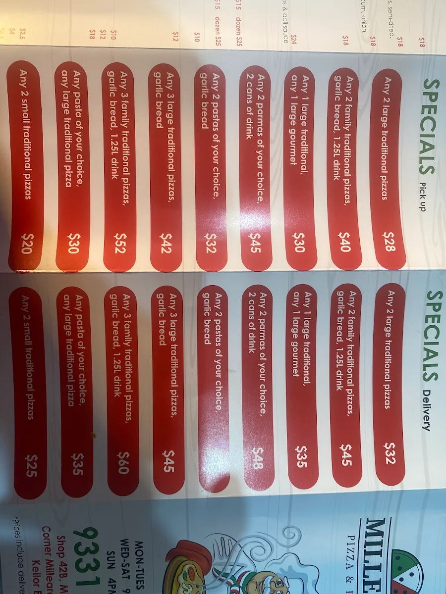 Menu, Milleara pizza and pasta