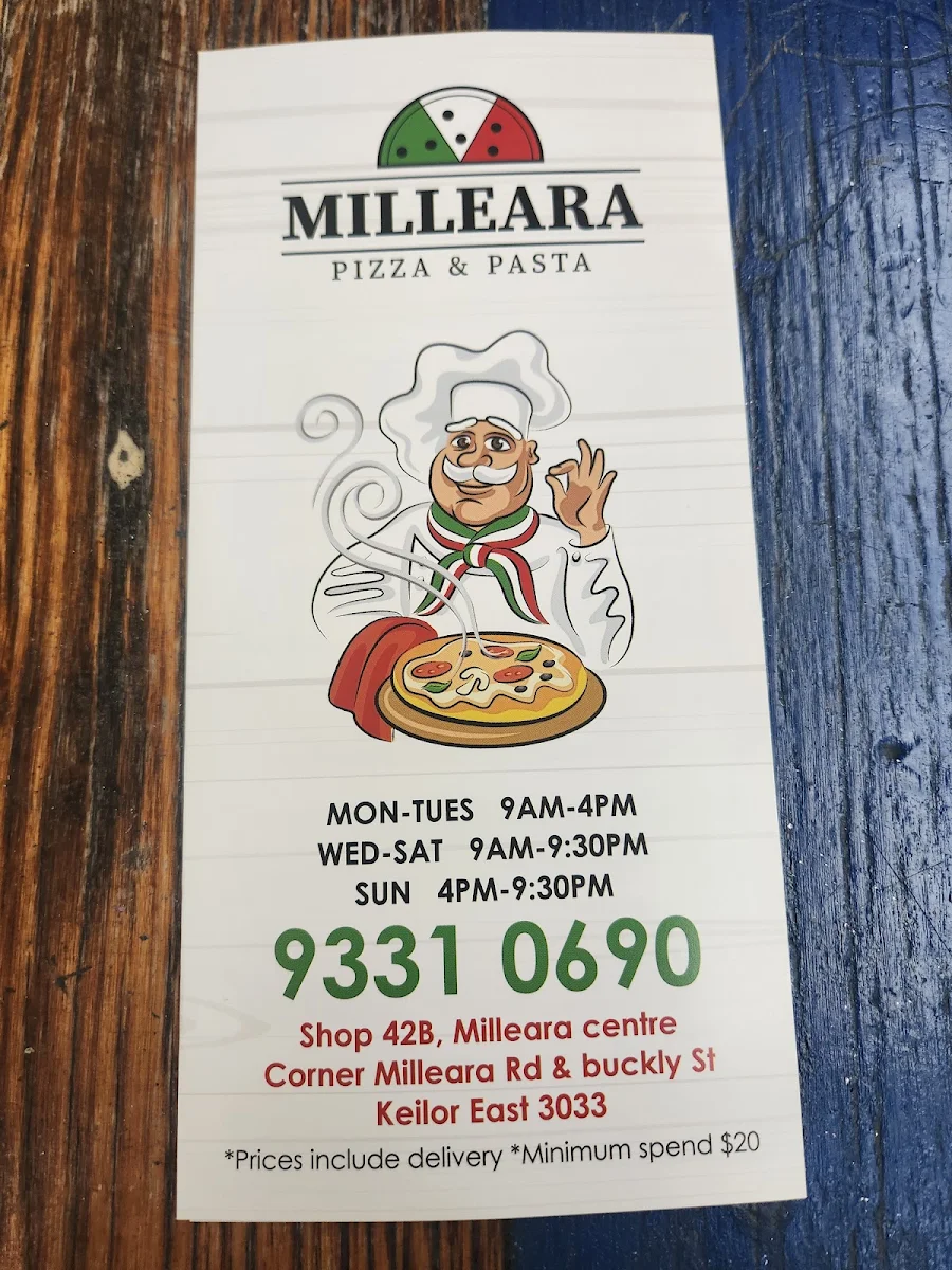 Menu, Milleara pizza and pasta