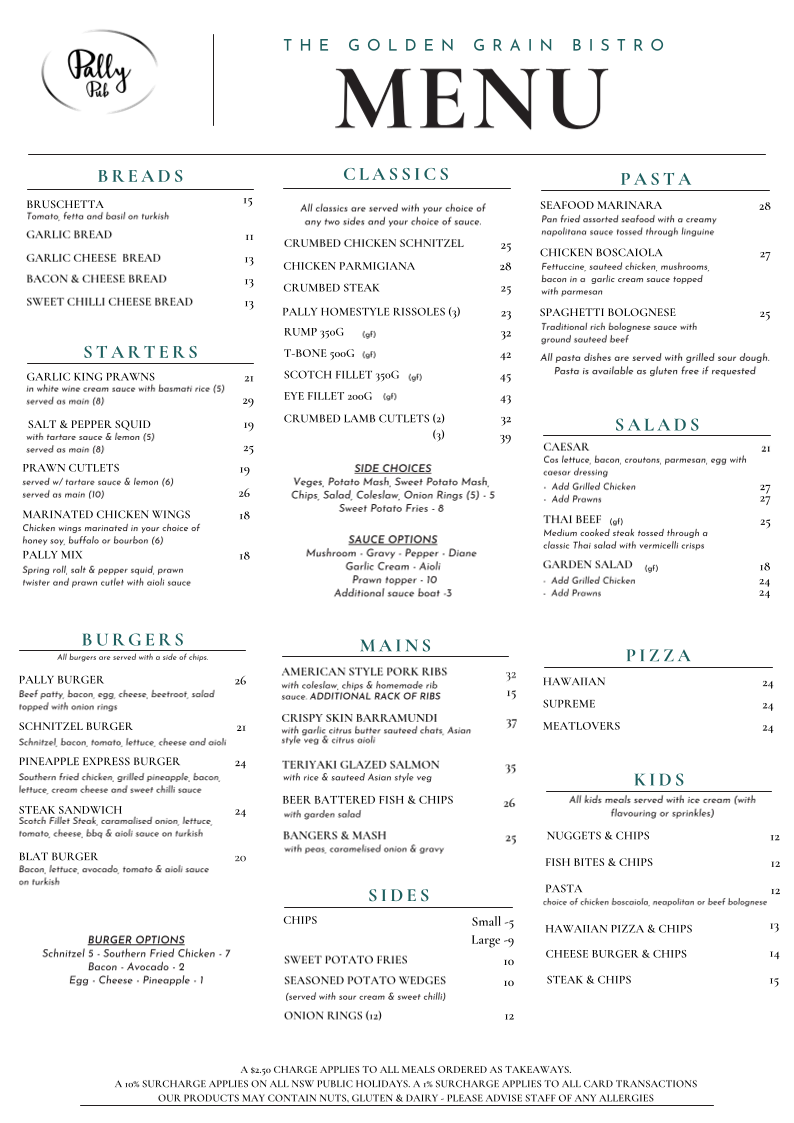 Menu, Pally Pub