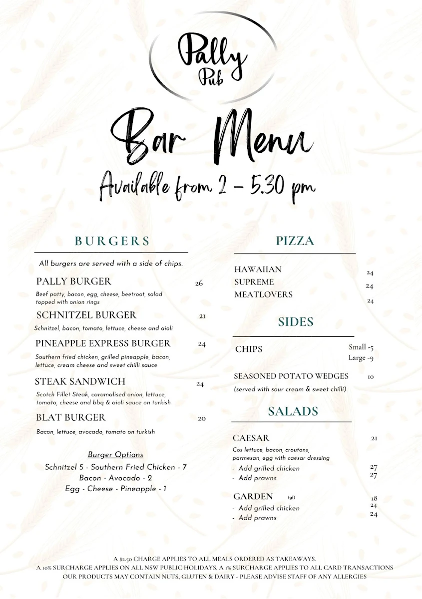 Menu, Pally Pub