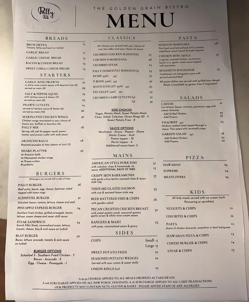 Menu, Pally Pub