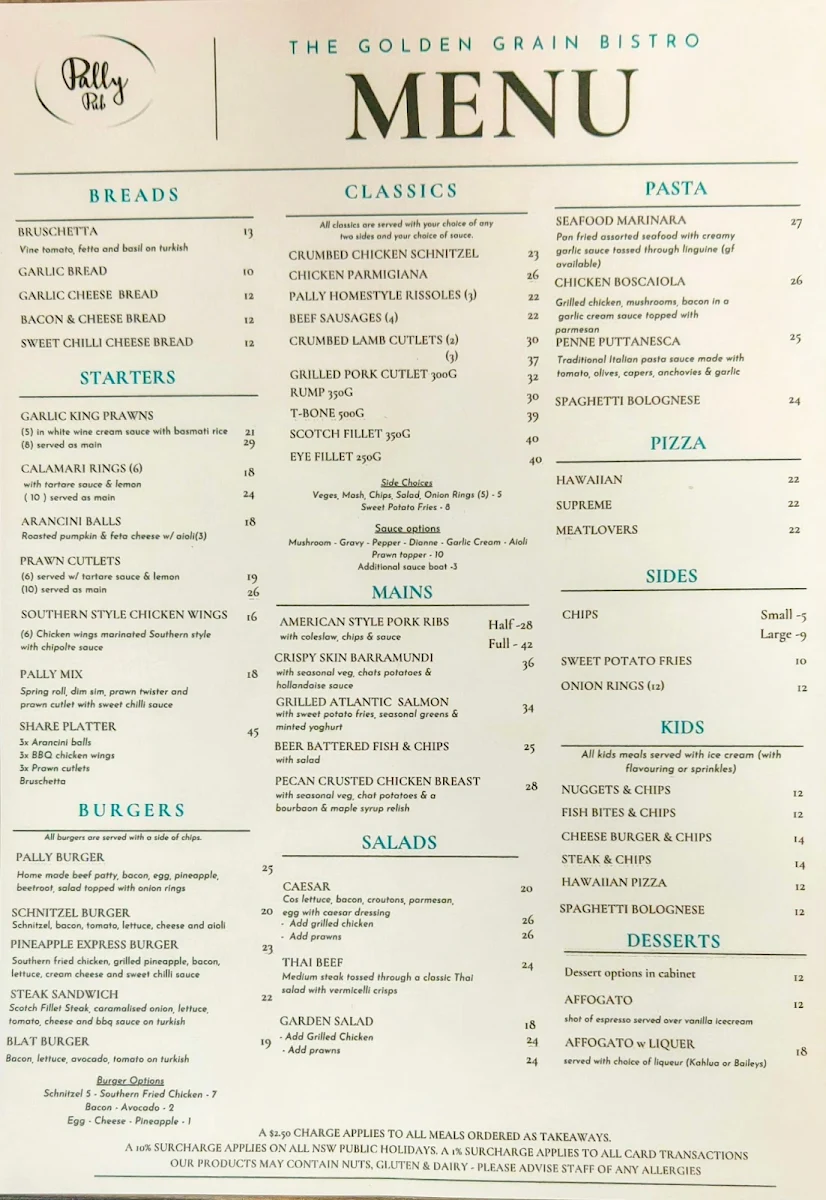 Menu, Pally Pub