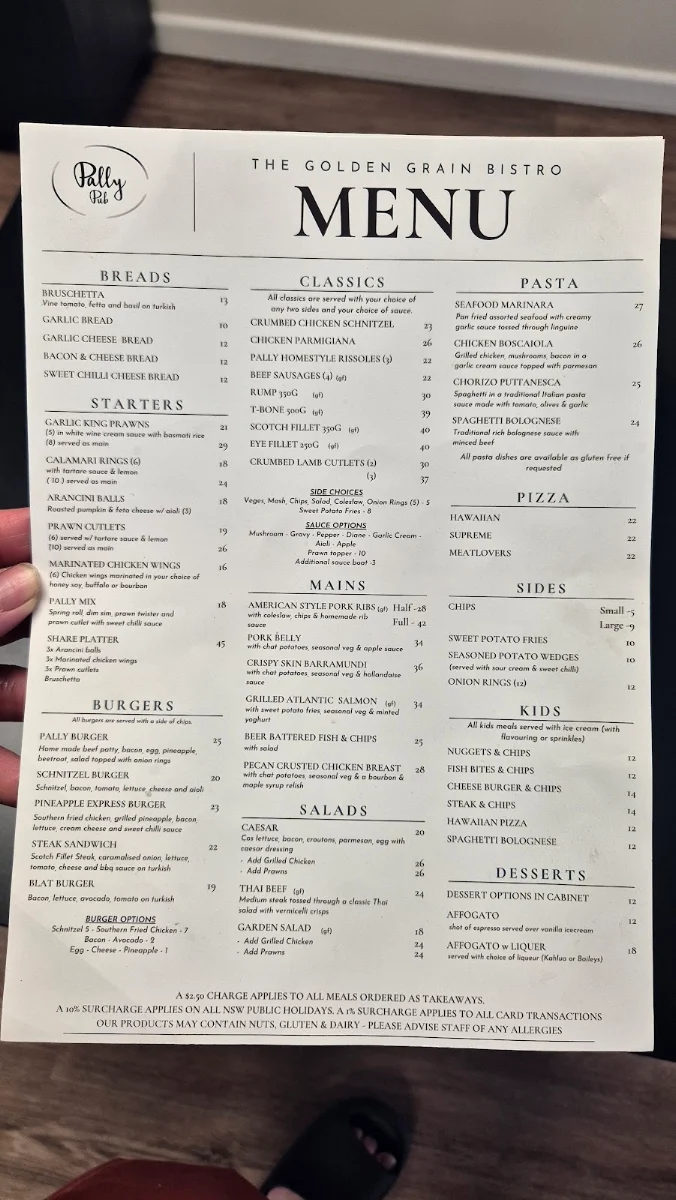 Menu, Pally Pub