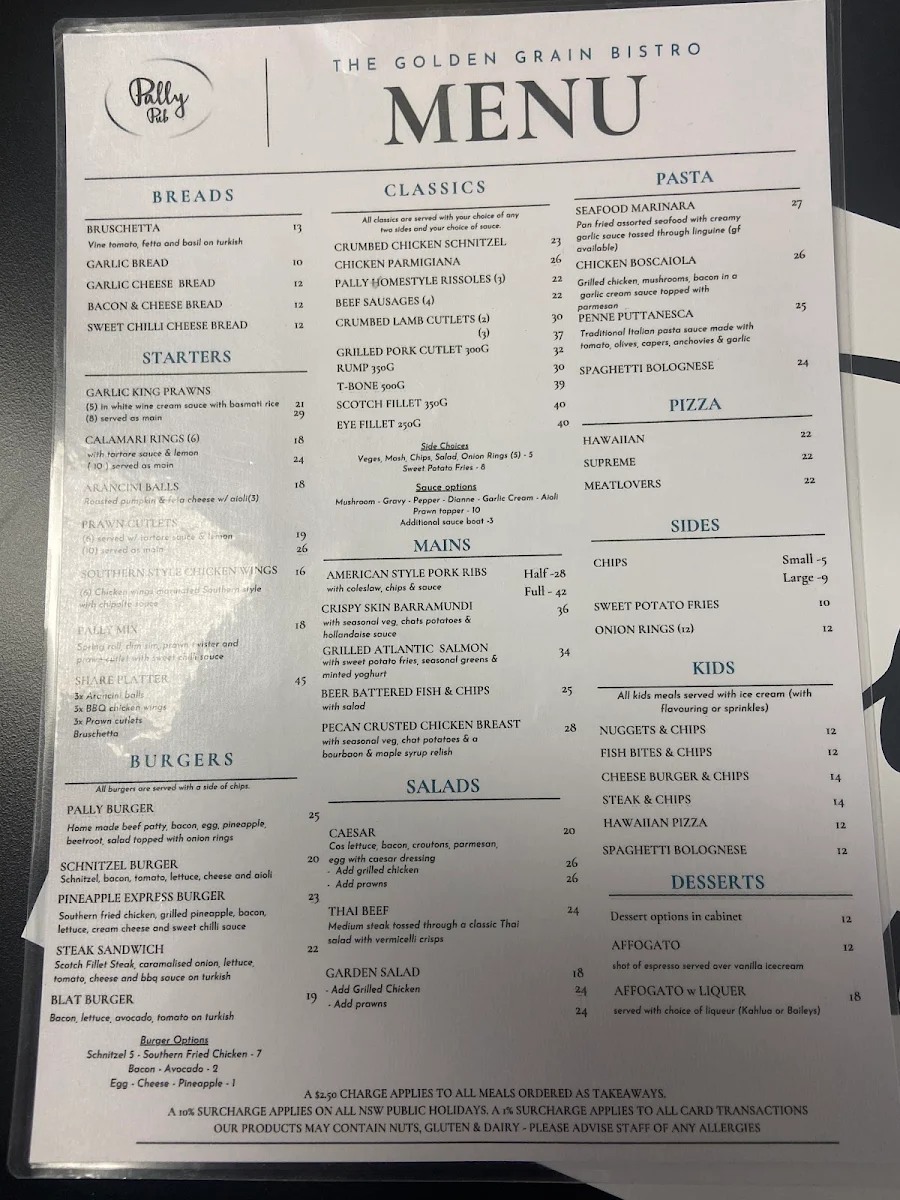 Menu, Pally Pub