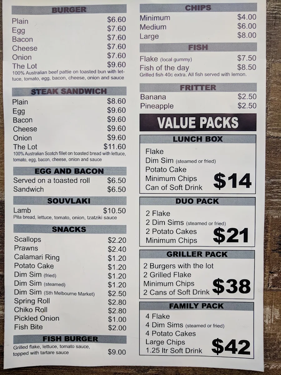 Menu, Surrey Hills Fish & Chips & Grill