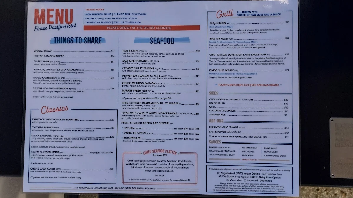 Menu, Eimeo Pacific Hotel