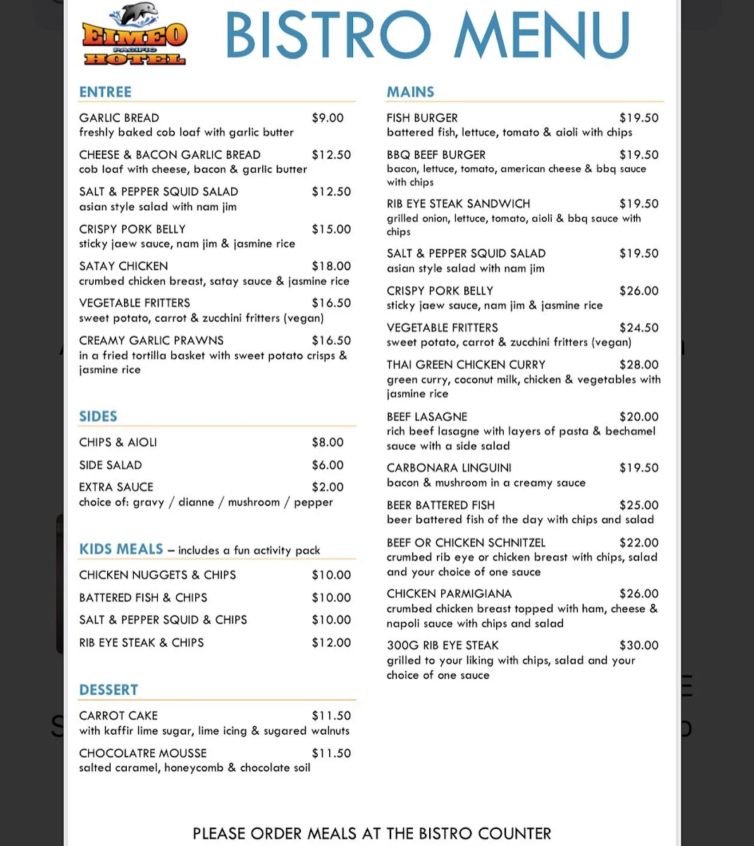 Menu, Eimeo Pacific Hotel