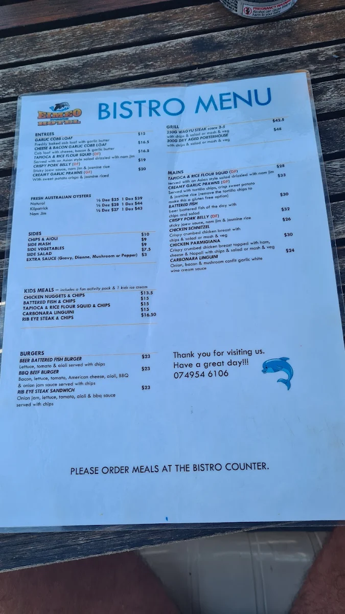 Menu, Eimeo Pacific Hotel