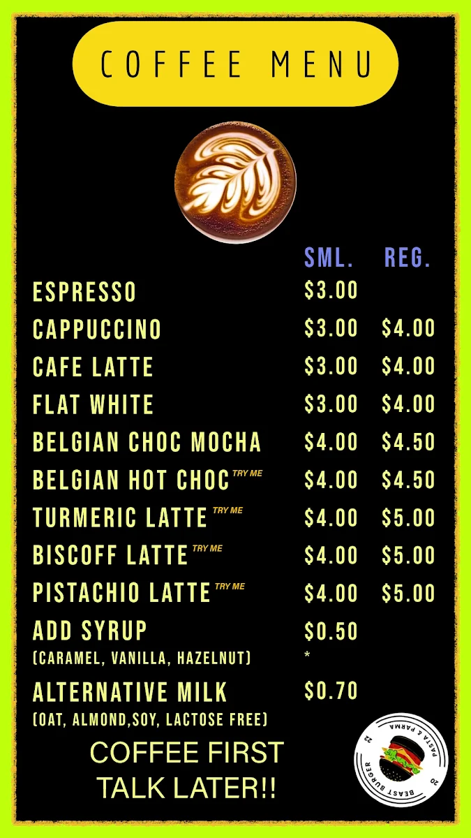 Menu, Beast Burger & Parma