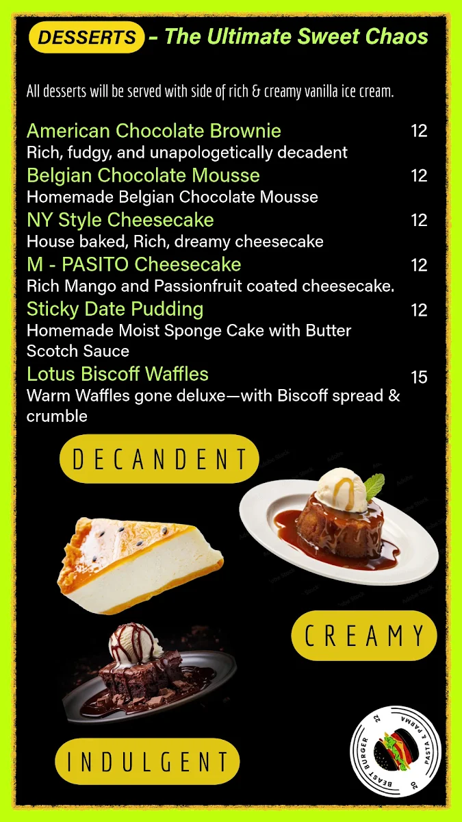 Menu, Beast Burger & Parma