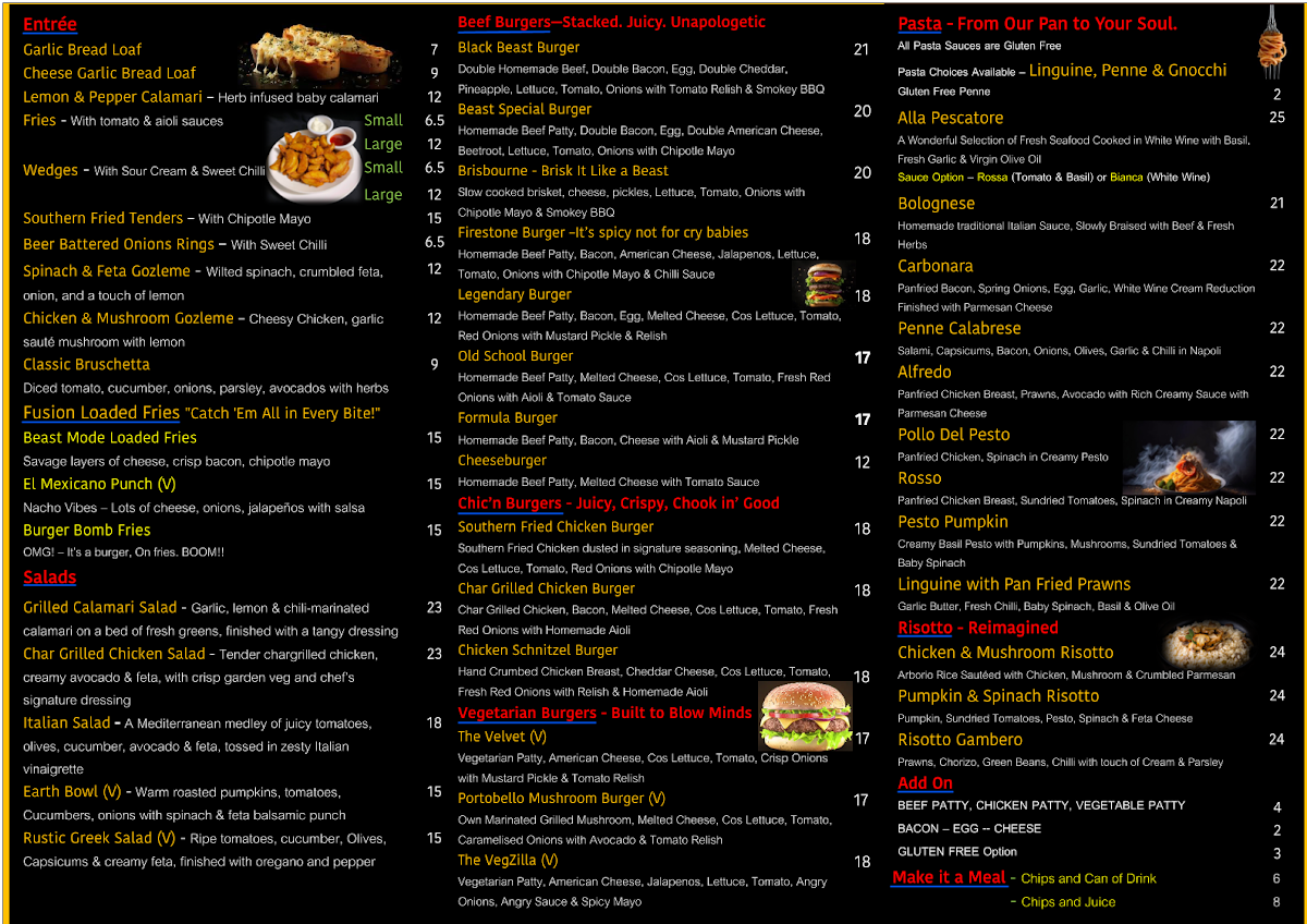 Menu, Beast Burger & Parma