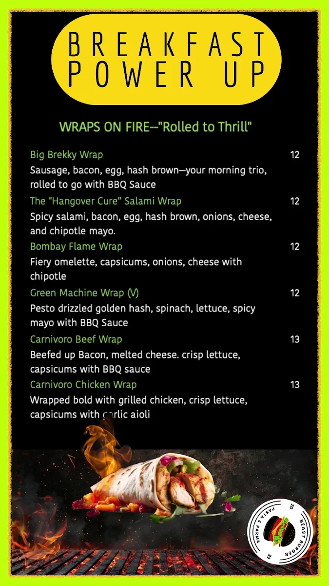 Menu, Beast Burger & Parma