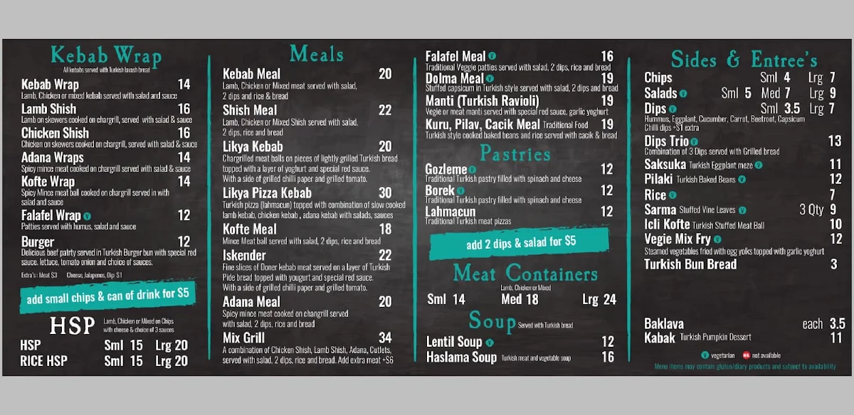 Menu, Likya Turkish Eatery