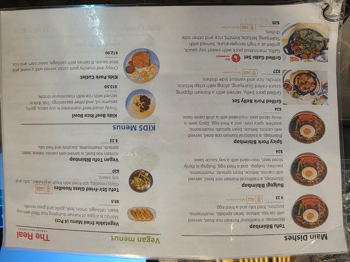 Menu, The Real Korean Restaurant