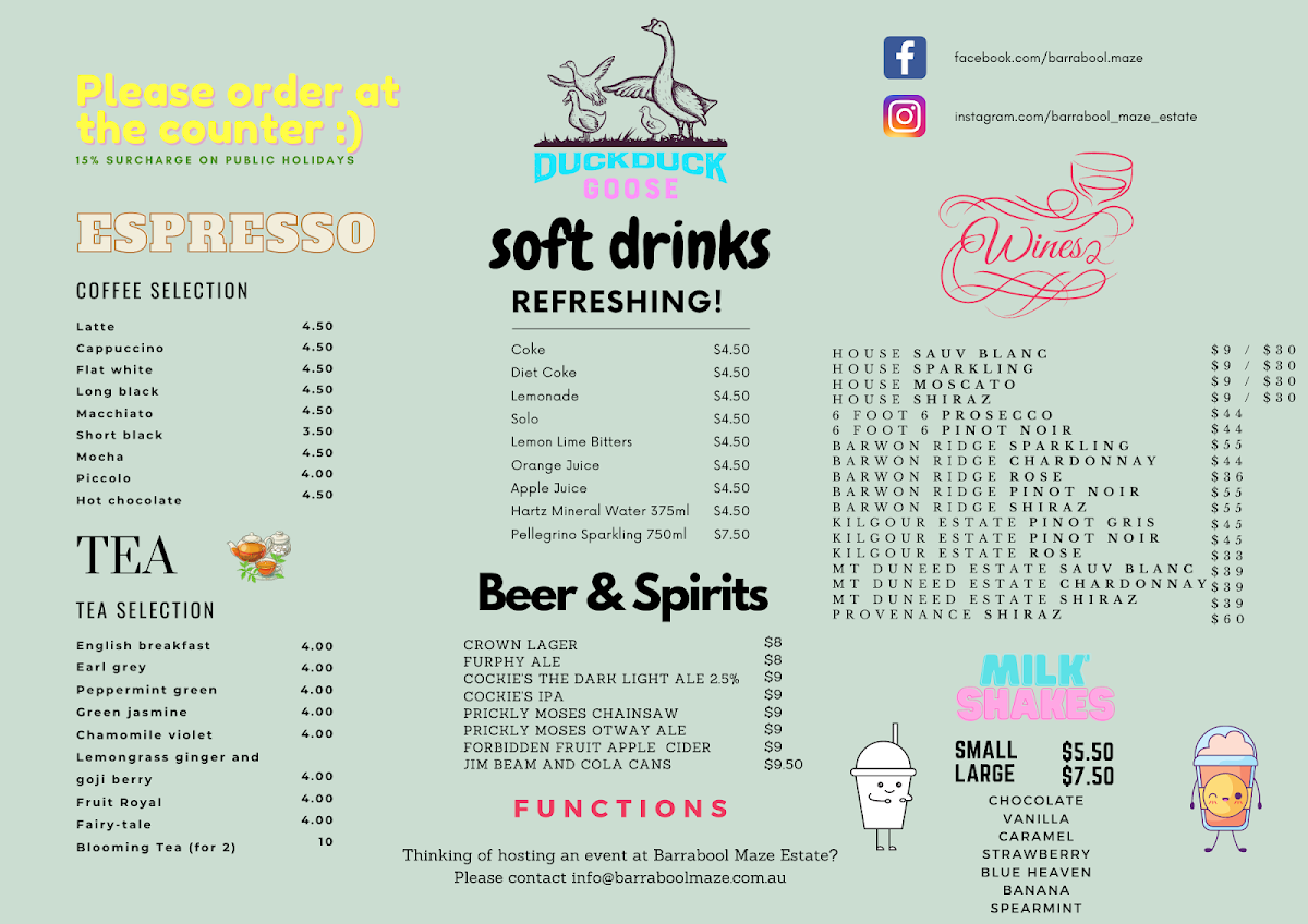 Menu, Barrabool Maze Estate
