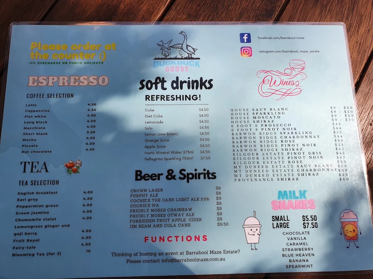 Menu, Barrabool Maze Estate