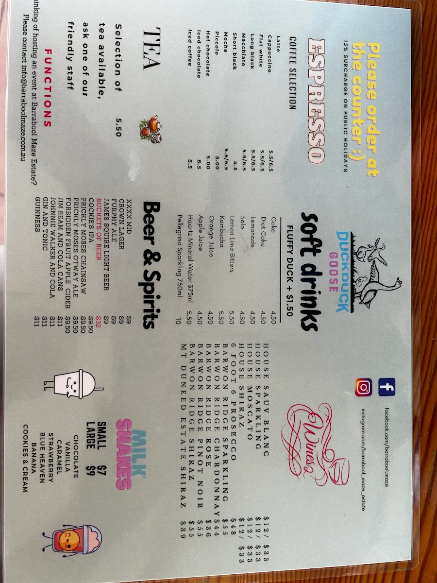 Menu, Barrabool Maze Estate