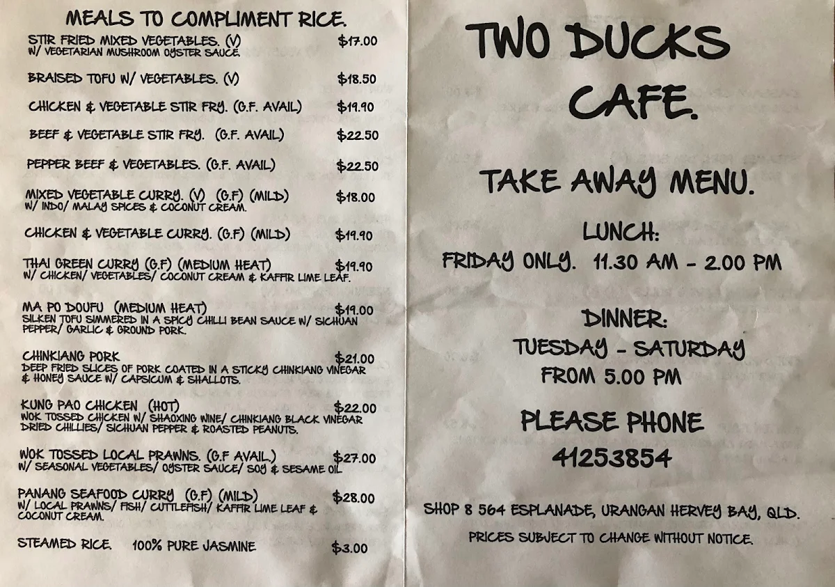 Menu, Two Ducks Cafe' & Asian Grocery
