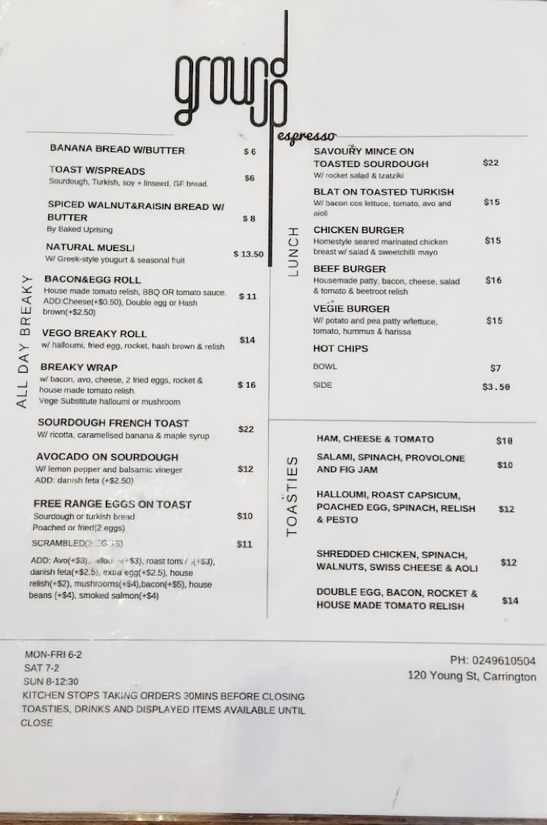 Menu, Ground Up Espresso