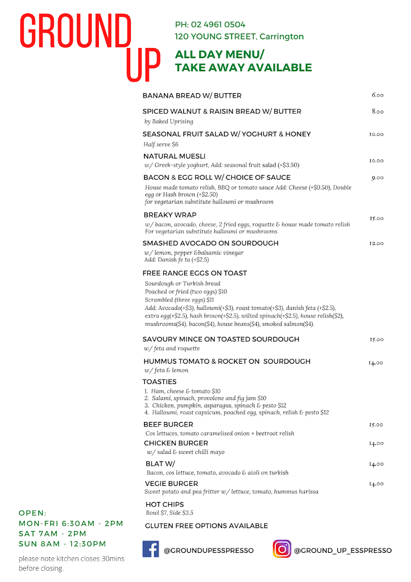 Menu, Ground Up Espresso