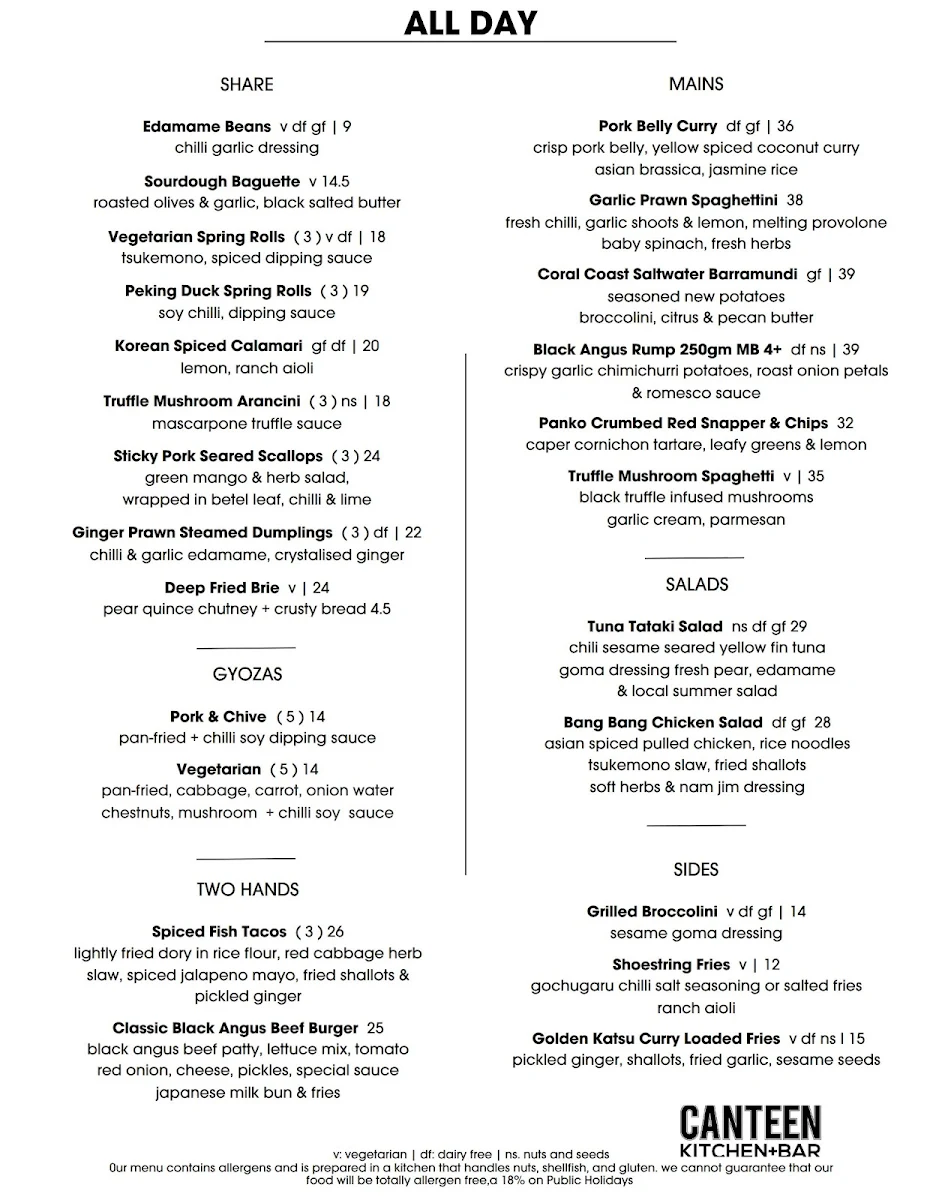 Menu, Canteen Kitchen + Bar Coolum Beach