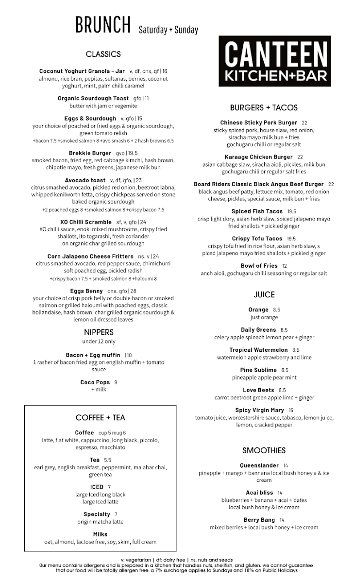 Menu, Canteen Kitchen + Bar Coolum Beach
