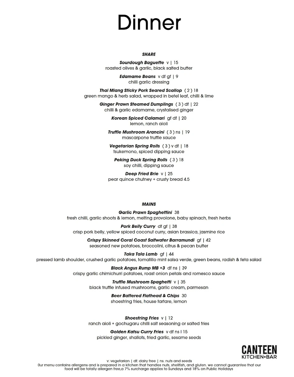 Menu, Canteen Kitchen + Bar Coolum Beach