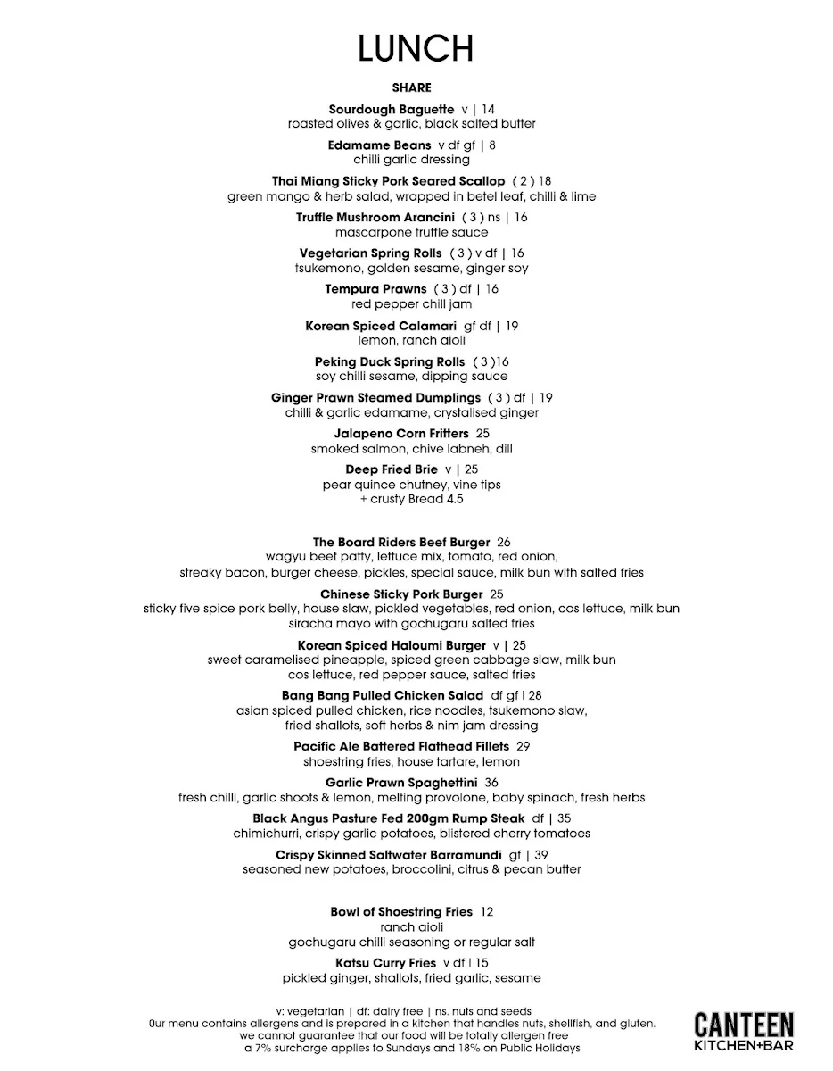 Menu, Canteen Kitchen + Bar Coolum Beach