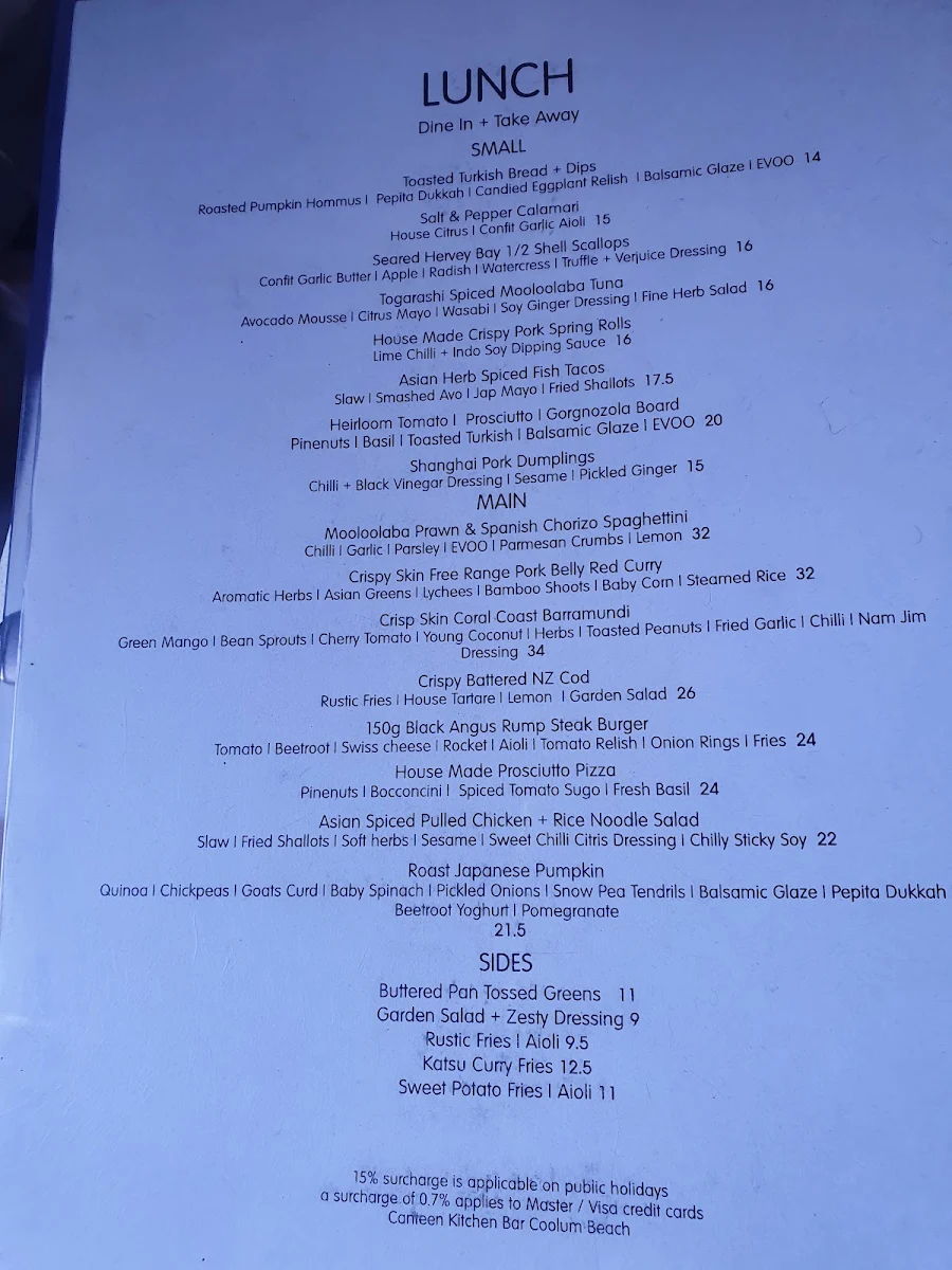 Menu, Canteen Kitchen + Bar Coolum Beach