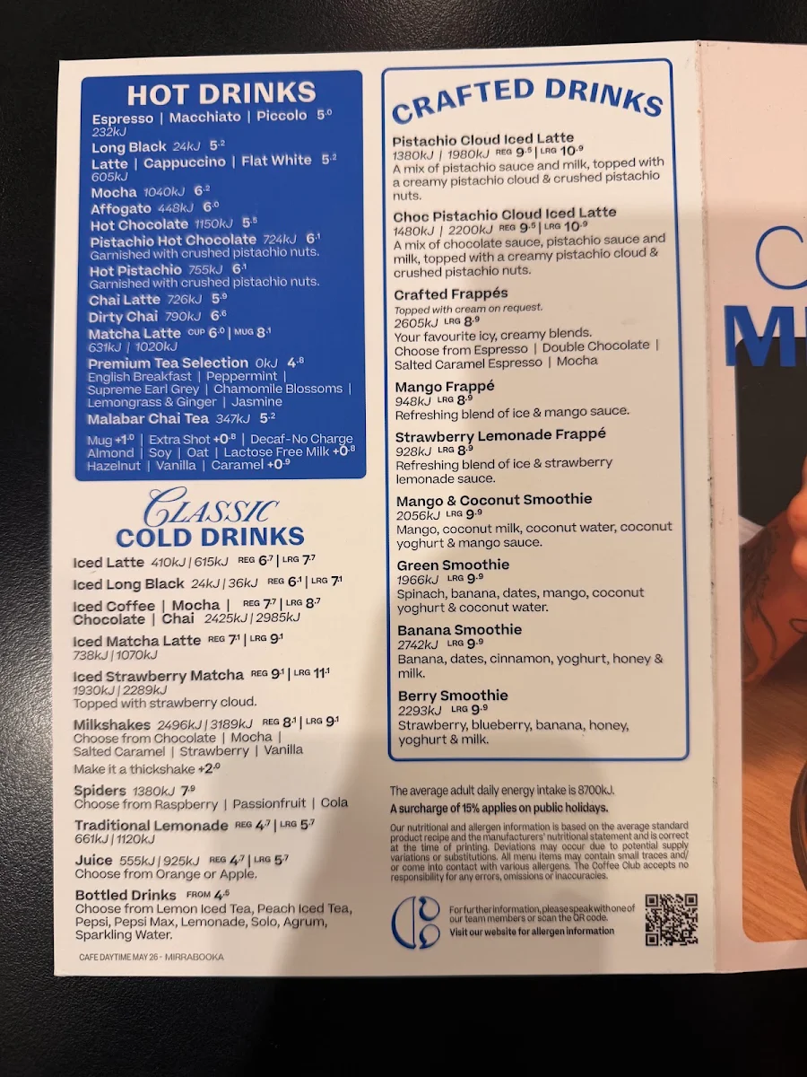 Menu, The Coffee Club Café - Mirrabooka