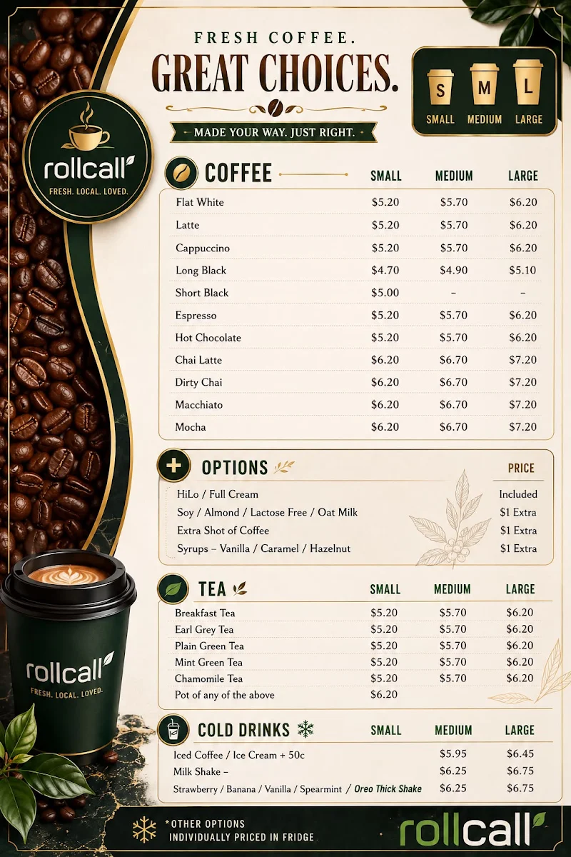 Menu, Roll Call Cafe