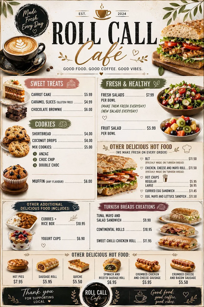 Menu, Roll Call Cafe