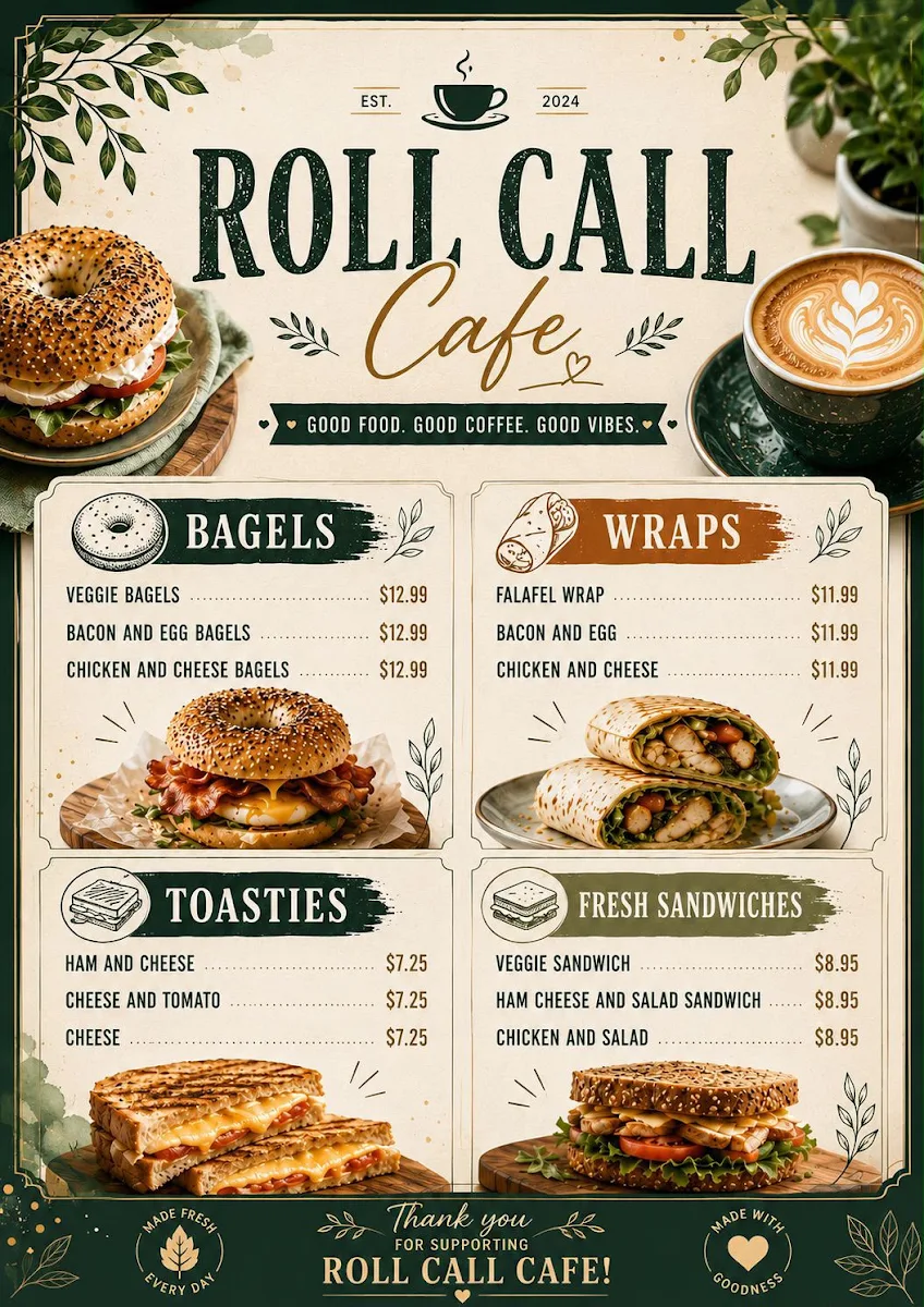 Menu, Roll Call Cafe