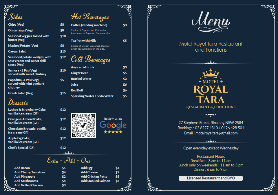Menu, Royal Tara Restaurant