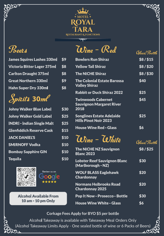 Menu, Royal Tara Restaurant