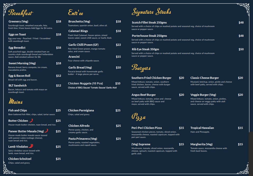Menu, Royal Tara Restaurant