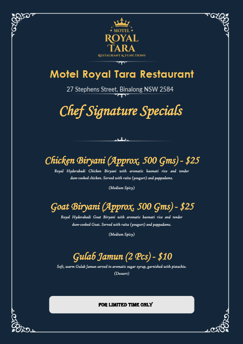 Menu, Royal Tara Restaurant